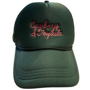 Cowboys & Tequila Embroidered Trucker Hat - Dark Green with Pink Script